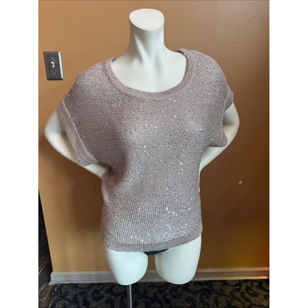 WD NY Size Large Taupe Blush Sequin Cap Sleeve Knit Sweater Sparkly Metallic